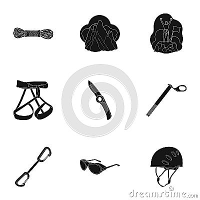 Ice ax, conquered top, mountains in the clouds and other equipment for mountaineering.Mountaineering set collection Vector Illustration