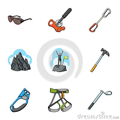Ice ax, conquered top, mountains in the clouds and other equipment for mountaineering.Mountaineering set collection Vector Illustration