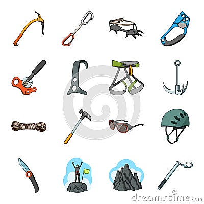 Ice ax, conquered top, mountains in the clouds and other equipment for mountaineering.Mountaineering set collection Vector Illustration