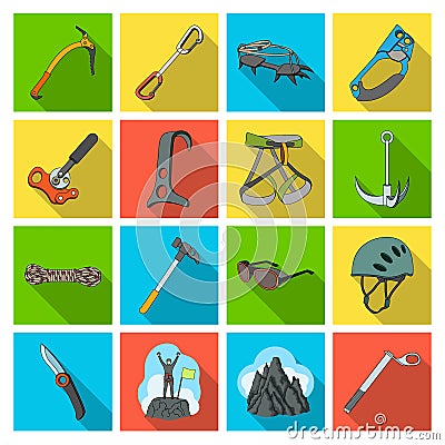 Ice ax, conquered top, mountains in the clouds and other equipment for mountaineering.Mountaineering set collection Vector Illustration