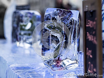 Ice bar with frozen rose in ice Stock Photo