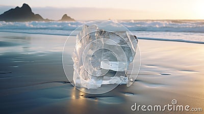 Sculptural Icecube On Ocean Floor At Sunset Stock Photo