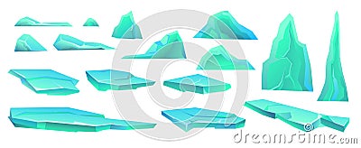 Ice block set. Pieces of frost ice floe. Winter freeze objects. Isolated on white background. Vector Vector Illustration