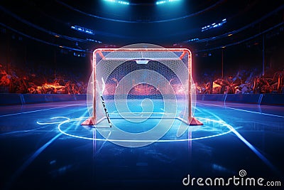 Ice bound neon victory A goal shines bright in the hockey arenas glow Stock Photo