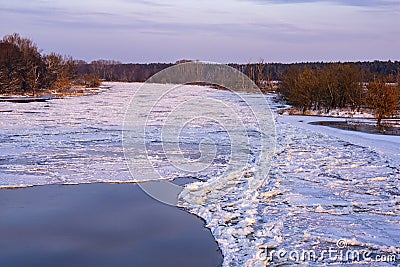 Ice-bound river and floating floe on a sunny frosty winter day. The shore is covered with trees and bushes. Winter Stock Photo
