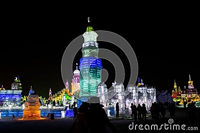 Ice Buildings at the Harbin Ice and Snow World in Harbin China Editorial Stock Photo