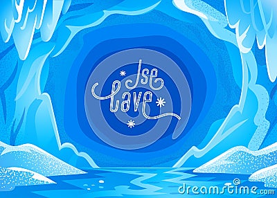 Ice cave landscape. Blue snowy winter background - Panoramic landscape with frozen icy cavern. Vector illustration in Vector Illustration