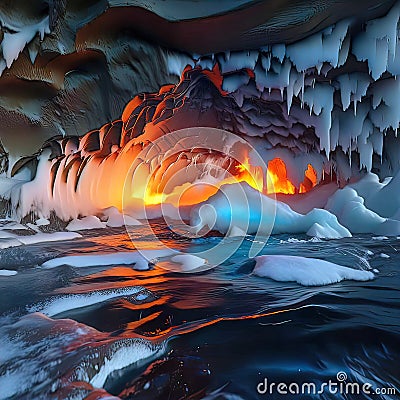 Ice cave with reflections of fire from flowing lava from a volcanic eruption, element of nature, force of nature, Cartoon Illustration