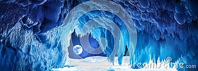 Ice cave. Winter lunar landscape. Lake Baikal. Banner format. Stock Photo