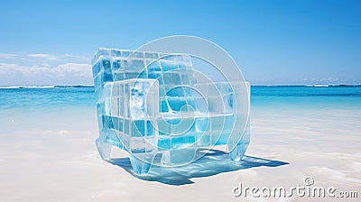 Ice chair on the beach, refreshing concept. Vacation on the hot shore with cold chair. Generated AI. Stock Photo