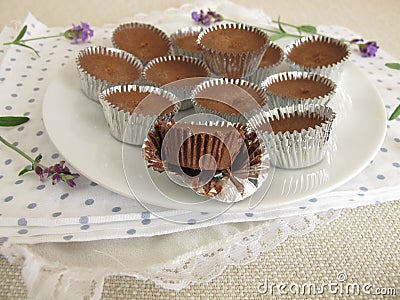 Ice chocolate with cocoa powder, powdered sugar and coconut oil in aluminium mini cups Stock Photo