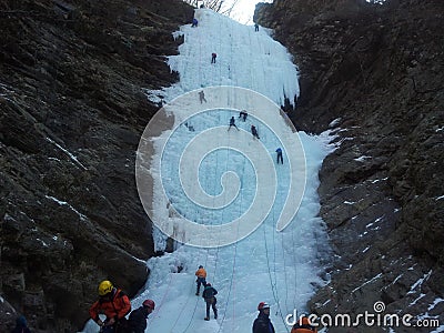 Ice climber climbing frozen water of kangchon waterfall Editorial Stock Photo