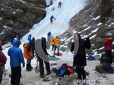 Ice climber climbing frozen water of kangchon waterfall Editorial Stock Photo