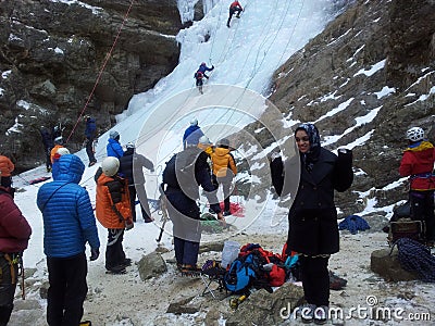 Ice climber climbing frozen water of kangchon waterfall Editorial Stock Photo