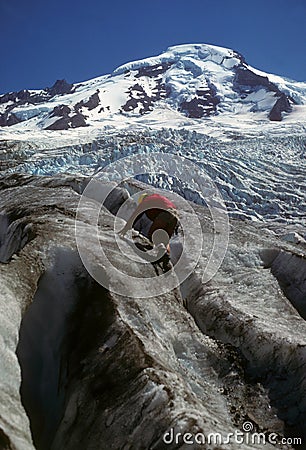 Ice Climber on icefall below Mt Baker Stock Photo