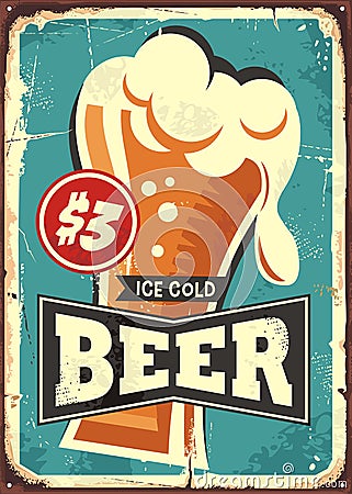 Ice cold beer vintage metal sign for drink bar Vector Illustration