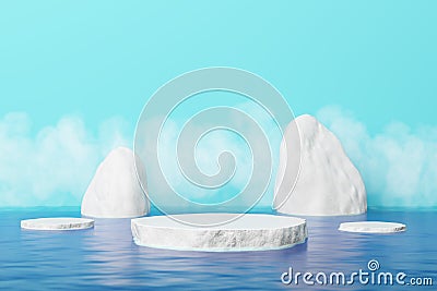 Ice cold cool fresh iceberg white float ocean blue stand product display platform advertisement mountain landscape winter season. Cartoon Illustration