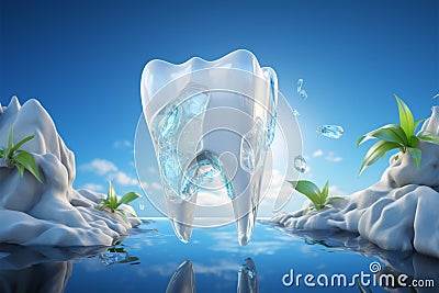 Ice cold freshness, Toothpaste ad featuring giant tooth, mint, and ice Stock Photo