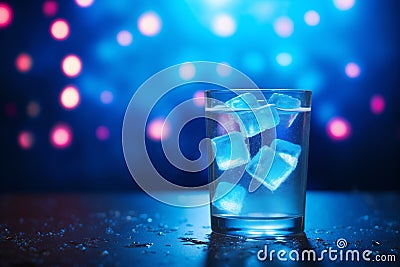Ice cold glass of water with floating square ice cubes on a table - generative AI Stock Photo