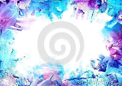 Ice cold snow blue violet aquamarine watercolor paint frame Stock Photo