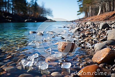 Ice-covered rocks along a shoreline photo - stock photography concepts Stock Photo