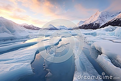 ice cracks and crevasses on a melting glacier under the sun Stock Photo