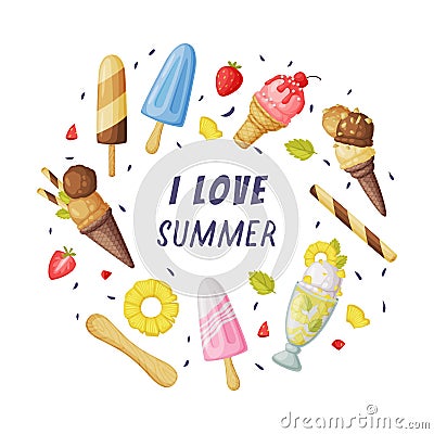 Ice Cream as Frozen Dessert and Snack with Inscription Round Vector Composition Vector Illustration