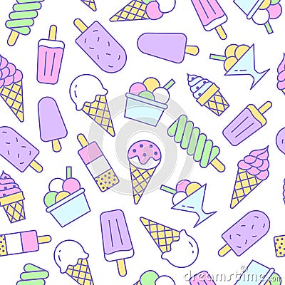 Ice cream background, sweet food seamless pattern. Vanilla icecream, frozen yogurt, popsicle lolly line icons. Summer Vector Illustration