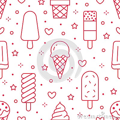 Ice cream background, sweet food seamless pattern. Vanilla icecream, frozen yogurt, popsicle lolly line icons. Summer Vector Illustration