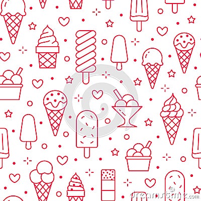 Ice cream background, sweet food seamless pattern. Vanilla icecream, frozen yogurt, popsicle lolly line icons. Summer Vector Illustration