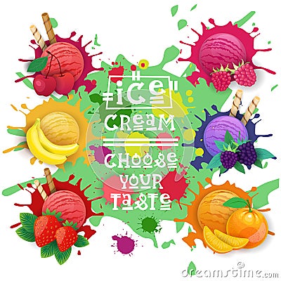 Ice Cream Balls Set Fruit Desserts Collection Choose Your Taste Cafe Poster Vector Illustration