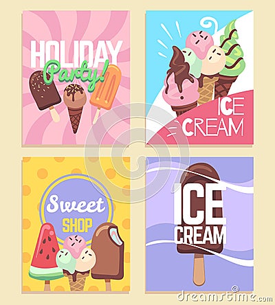 Ice cream banners. Summer desserts caramel sundae waffles, kids sweet cafe menu, holiday party flyers. Vector sale Vector Illustration