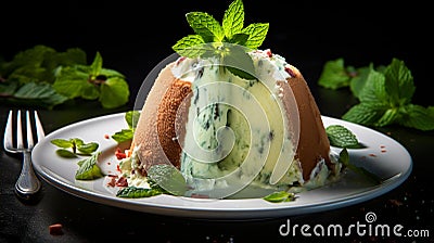 Ice cream bombe: round dessert with layers of velvety ice cream flavors, coated in chocolate shell Stock Photo