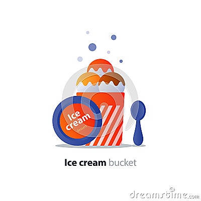 Ice cream bucket dessert, three scoops, tasty flavor, cool refreshing dessert Vector Illustration