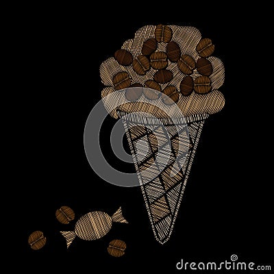 Ice cream with candy and coffee grain embroidery stitches Vector Illustration