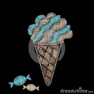 Ice cream with candy embroidery stitches imitation Vector Illustration