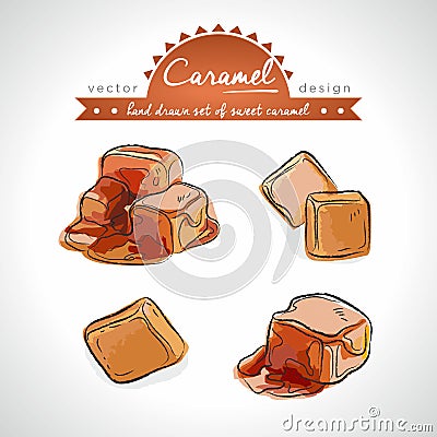 Caramel Collection of sweetness with leaf. Vector illustration. Isolated Vector Illustration