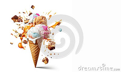 Ice cream with caramel topping on a white background with space for text. Apetite cold dessert. Stock Photo