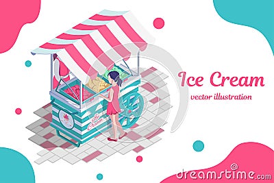 Ice cream cart with awning. Girl buys ice cream on stand Vector Illustration