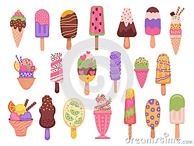 Ice cream. Cartoon summer dessert, popsicles, fruit frozen juice and yogurt, watermelon sorbet. Chocolate creams with Vector Illustration