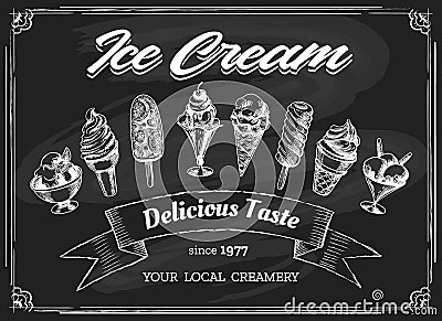 Ice cream chalk board drawing Vector Illustration