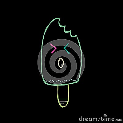 Ice cream character. Kawaii style icon with colorful outline isolated on black Vector Illustration