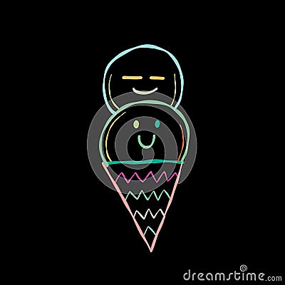 Ice cream character. Kawaii style icon with colorful outline isolated on black Vector Illustration