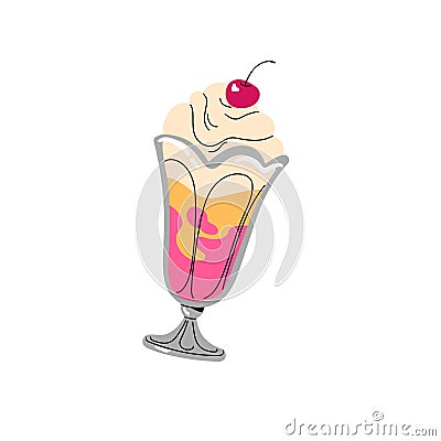 Ice cream with cherry, berry on top. Cold dessert, sundae, tasty sweet food for kids. Icecream in retro, vintage glass Vector Illustration