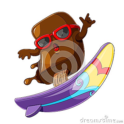 Ice cream chocolate cartoon surfing Vector Illustration