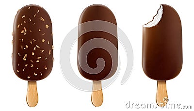 Ice cream with chocolate glaze and nuts on a stick. Brown whole and bitten chocolate ice cream popsicle with peanuts isolated on Vector Illustration