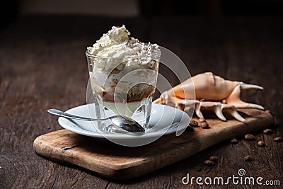 Ice cream with coffee, Affogato al Caffe Frappe with shell on the dark table. Stock Photo