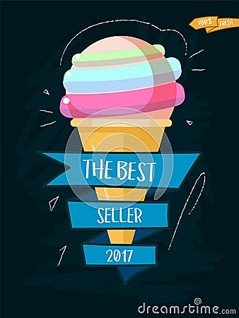 Ice cream cone cartoon icon with inscription. Best seller 2017 Vector Illustration