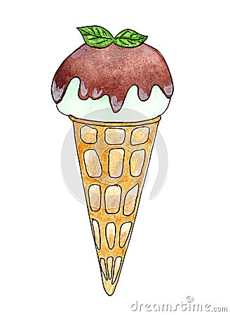 Ice cream cone with chocolate glaze and mint leaves topping isolated on white background. Cartoon Illustration