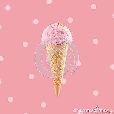 Ice cream cone close-up. Pink Icecream scoop in waffle cone over pink background. Strawberry or raspberry flavor Sweet gelato Stock Photo
